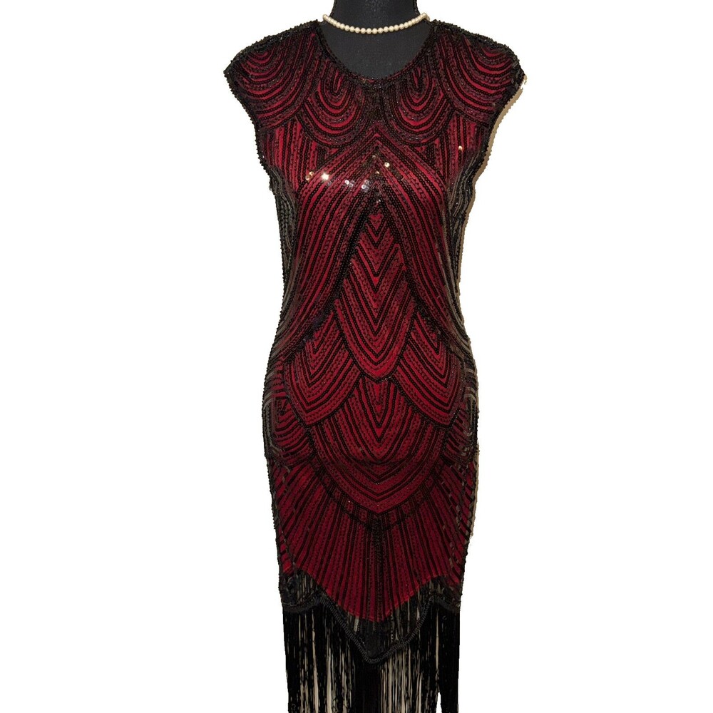 FUNDAISY STUNNING Red & black Sequin Flapper Dress Size XS